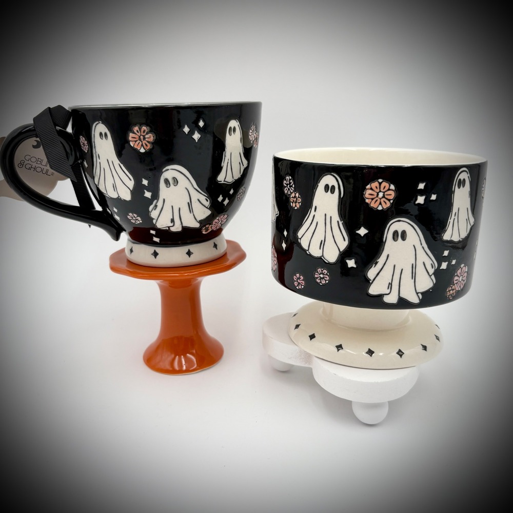 POTTERS STUDIO Halloween Ghost Mug & Candy Bowl Set Black Ceramic Decor